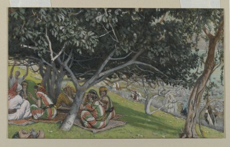 opaque watercolor over graphite on gray wove paper depicting men and women resting under a fig tree